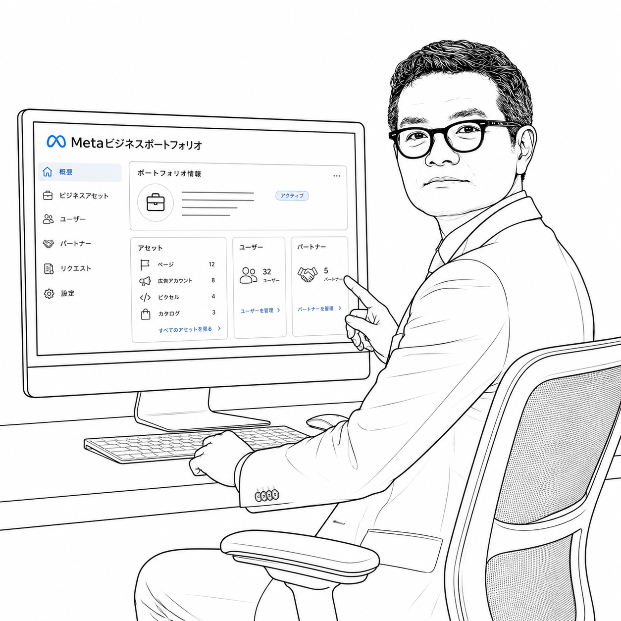 PCのMetaビジネスポートフォリオ画面を指して説明する山田英之