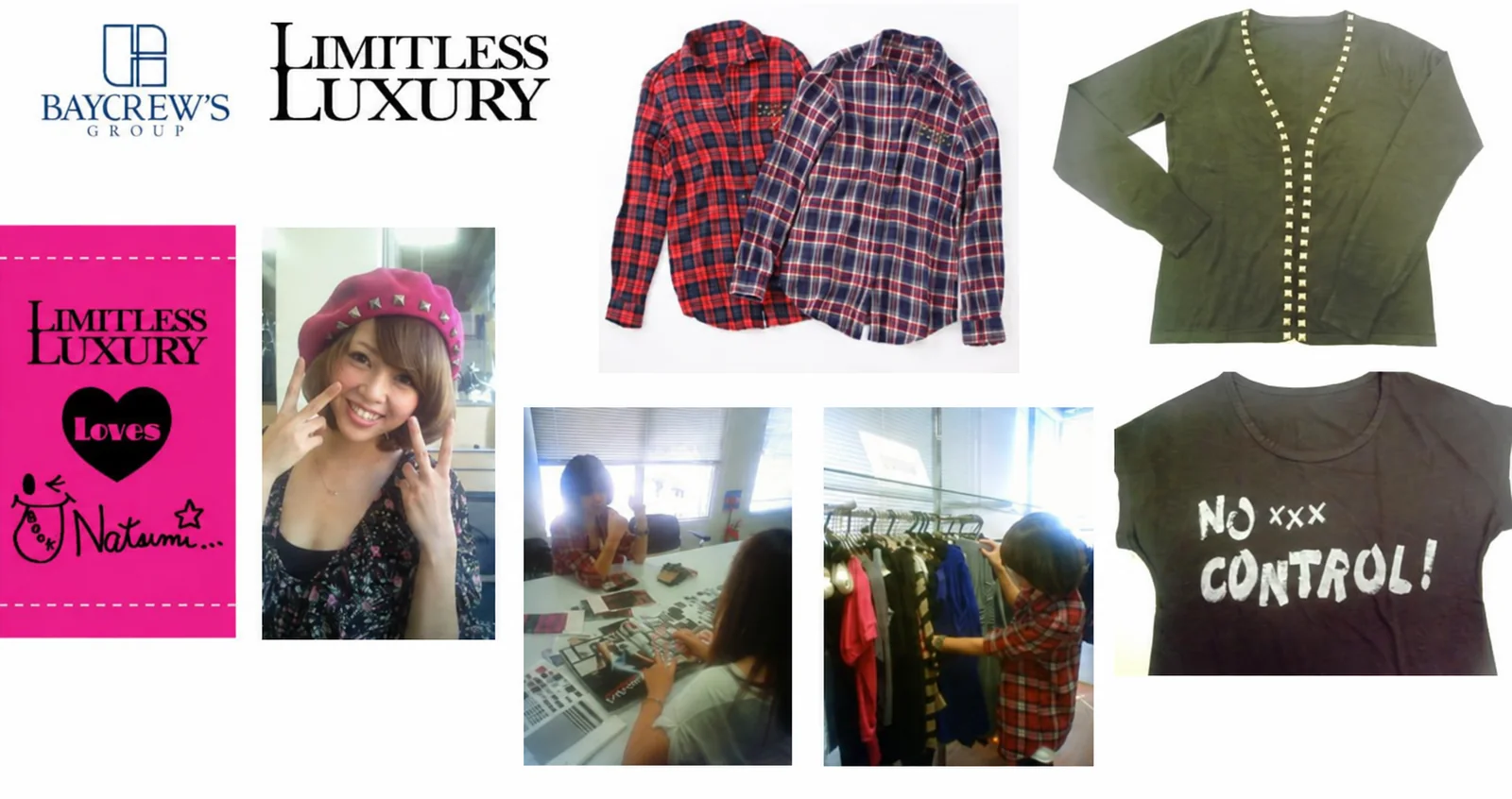 LIMITLESS LUXURYと吉田夏海のコラボアイテム 商品写真と打ち合わせの様子